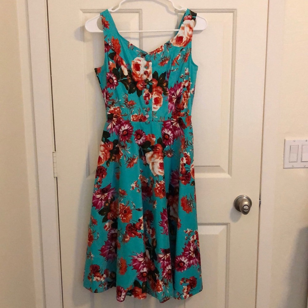 Belle Poque 1950s style flare teal floral dress